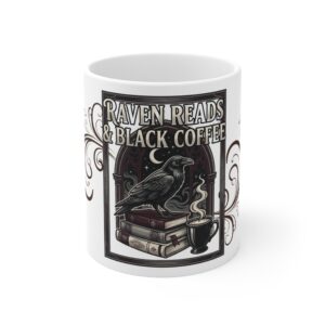 Raven Reads and Black Coffee Mug, Gothic Book Lover Cup, Dark Academia Reader Gift