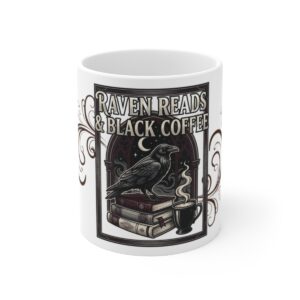 Raven Reads and Black Coffee Mug, Gothic Book Lover Cup, Dark Academia Reader Gift