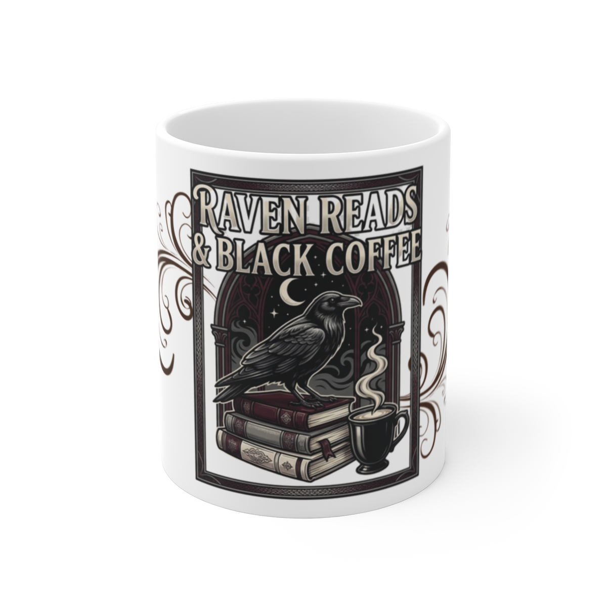 Raven Reads and Black Coffee Mug, Gothic Book Lover Cup, Dark Academia Reader Gift
